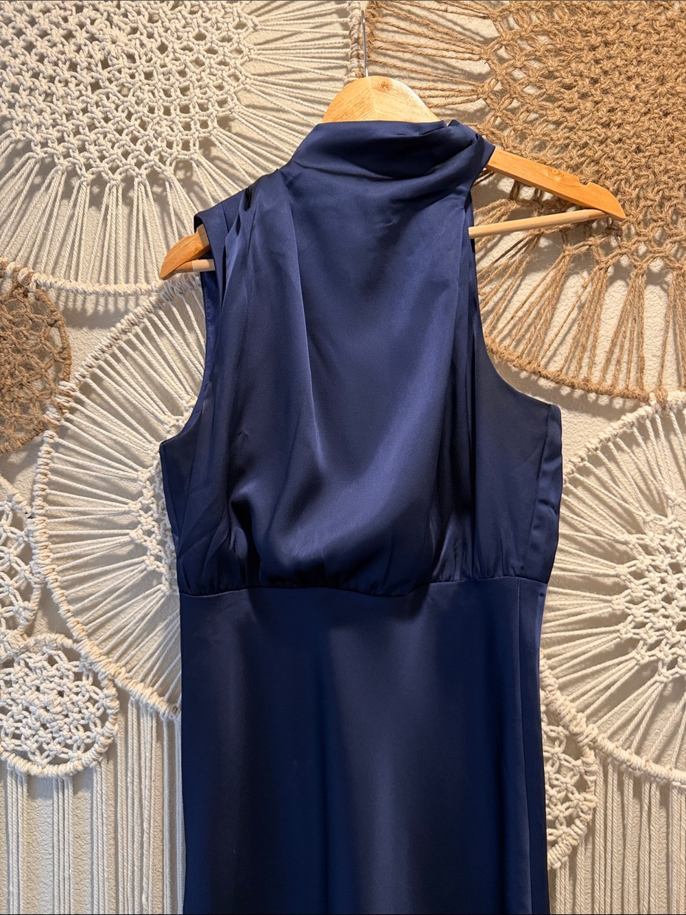 Lulu’s Navy Satin High-Neck Asymmetrical Midi Dress - Picture 6 of 6